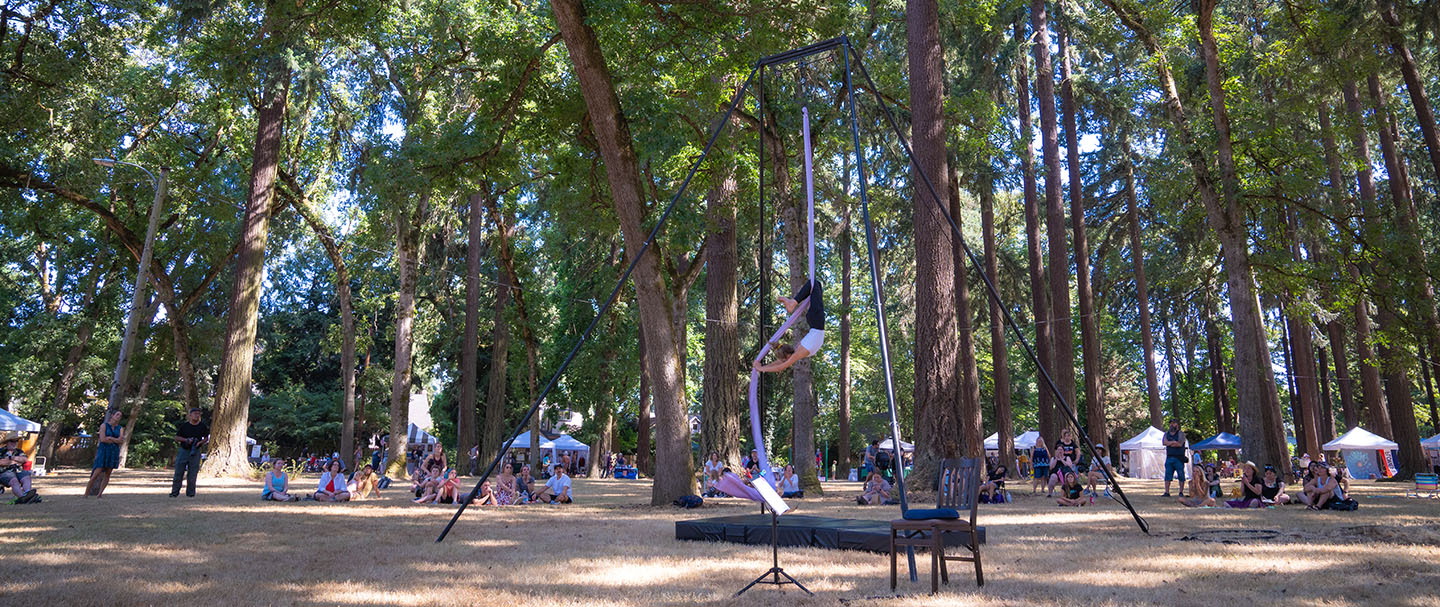 An aerial acrobat at the Englewood Forest Festival